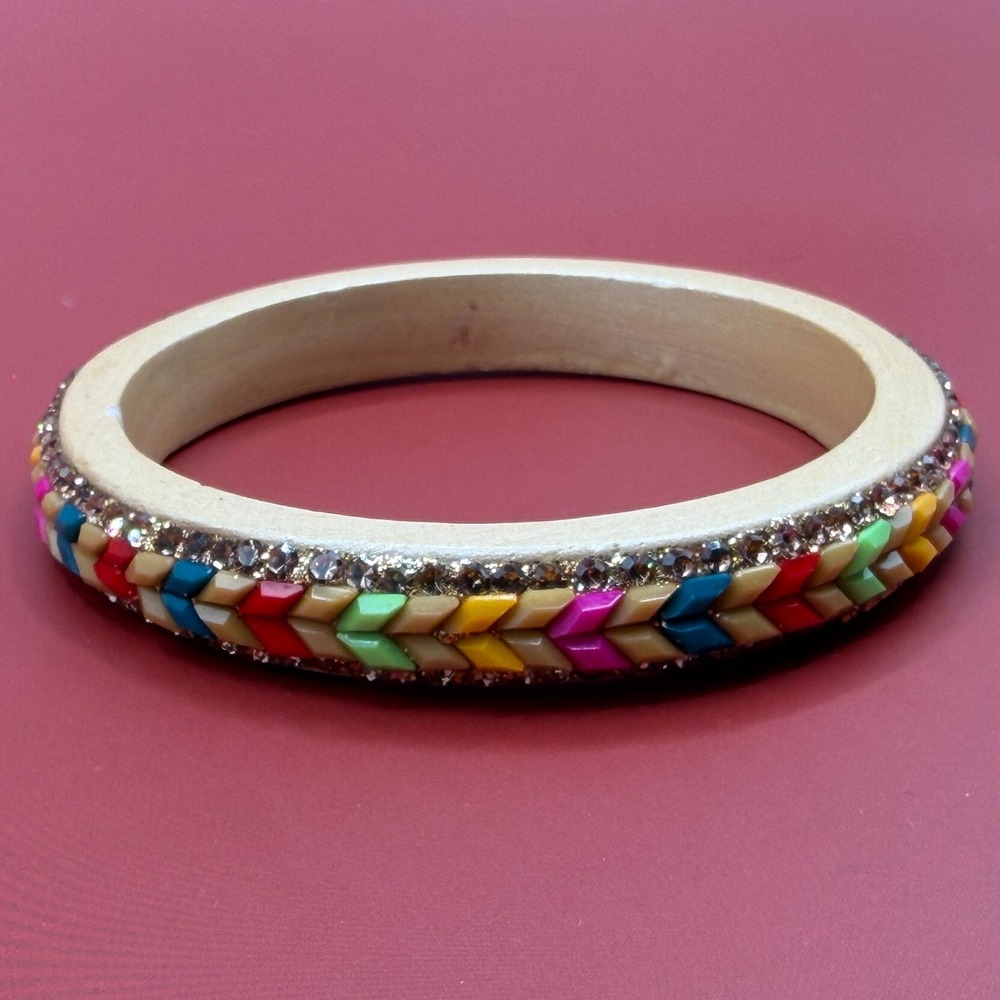Wood Bangle Bracelet Multicolor Chevron Rhinestone Boho Statement Vintage Style